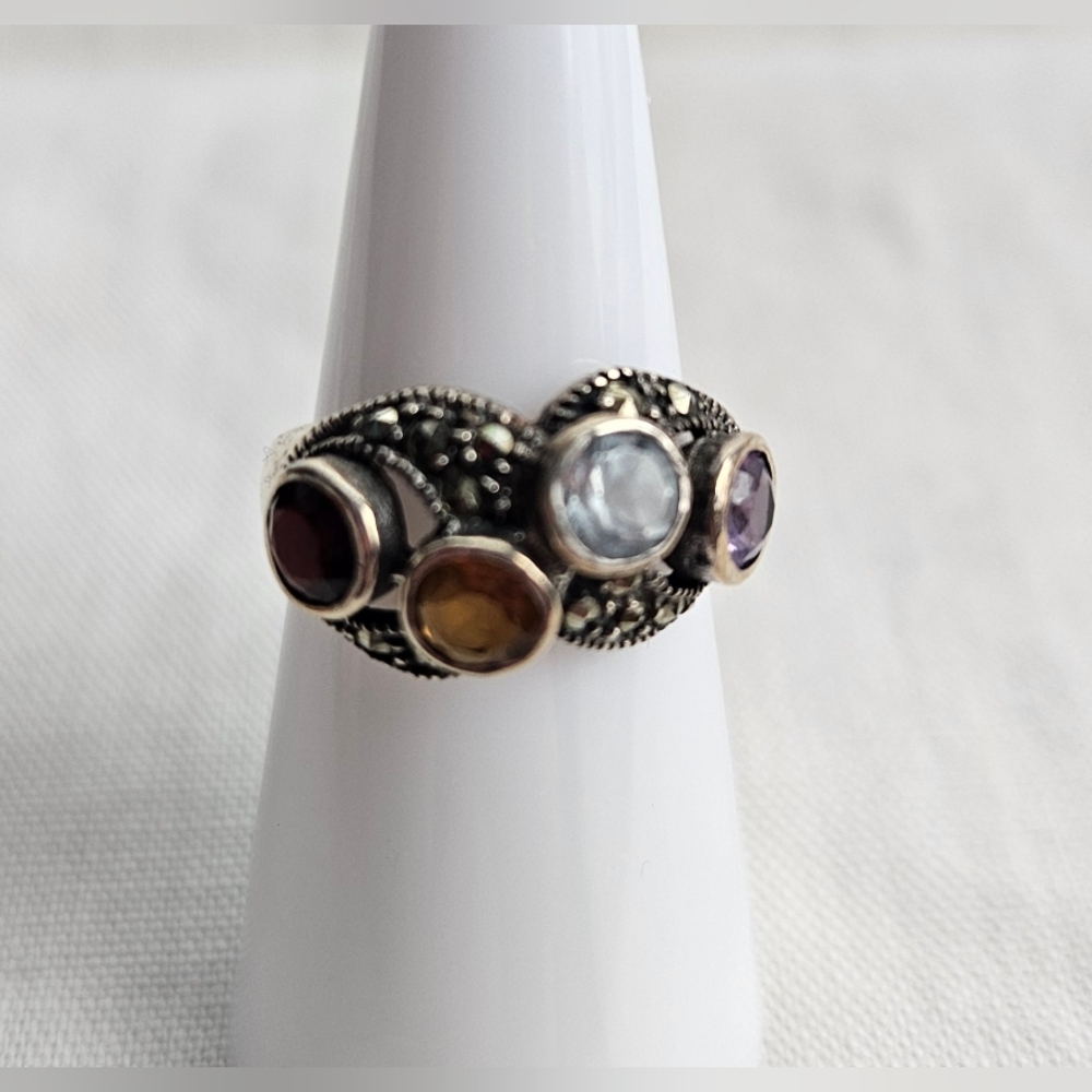 925 Sterling Ring Marcasite Topaz Vitrine Garnet 4 Stone Size 5 3/4 Vintage
